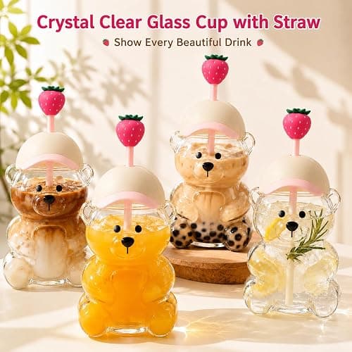 SummerWins Glass Bear Cup With Straw, Leak Lid & 2 Hats for Coffee & Shakes | Cute Bear Cup With Straw, 20 oz Clear Glass Cup With Secure Lid & 2 Replaceable Hats for Gifts, Parties & Daily Use thumbnail 2