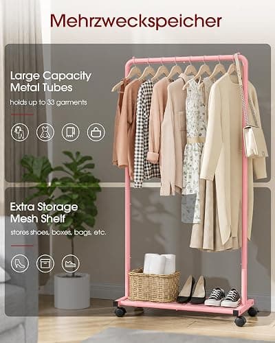 Sakugi Clothes Rack - Clothing Rack with Storage Mesh Shelf & Casters, Heavy-Duty Metal Clothing Rack for Hanging Clothes, Dresses, Coats, Large Load Capacity, Easy Assembly, Pink, 28.0"x16.9"x59.0" thumbnail 5