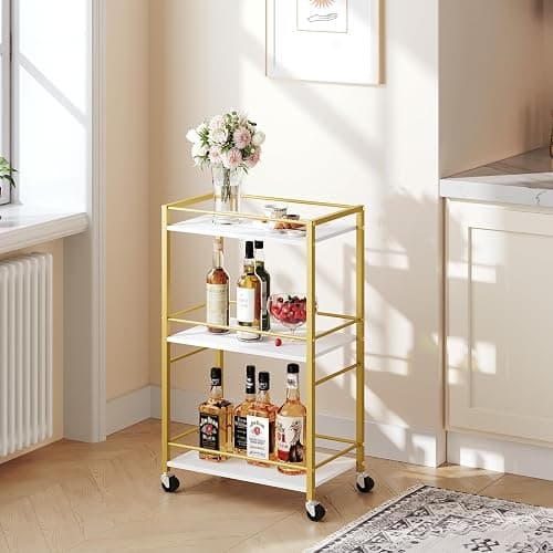 MAHANCRIS Bar Cart for The Home, 3-Tier Drink Cart on Wheels, Home Bar Serving Cart, Mini Bar Cart for Small Space, Rolling Kitchen Carts for Bar, Kitchen, Dining Room, Gold RCJW4001 thumbnail 2