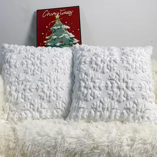 Christmas Pillow Covers 18'' x 18'' Set of 2, Soft Faux Rabbit Fur 3D Embroidery Snowflakes Throw Pillow Covers for Holiday Christmas Decor Sofa, Couch, Party, Invisible Zipper, Skin-Friendly thumbnail 6