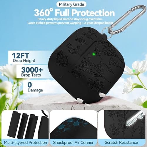 for Airpods 4 Case with Magnetic Lid, Ekoonpft Flower Engraved Cases for Apple AirPods 4th Generation 2024, Soft Silicone Cover for Women Girly with Cleaning Kit & Keychain, Shockproof thumbnail 6