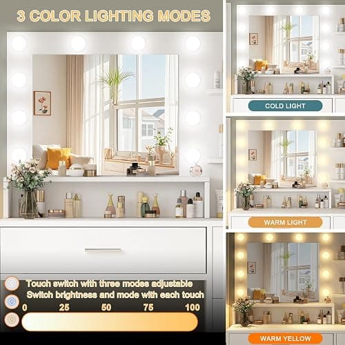 OTOQS Makeup Vanity Desk with Mirror and Light,Dressing Table Set with 3 Color Modes LED Lights,Large and Three Level Storage Dresser, for Bedroom Dressing Room,White thumbnail 5