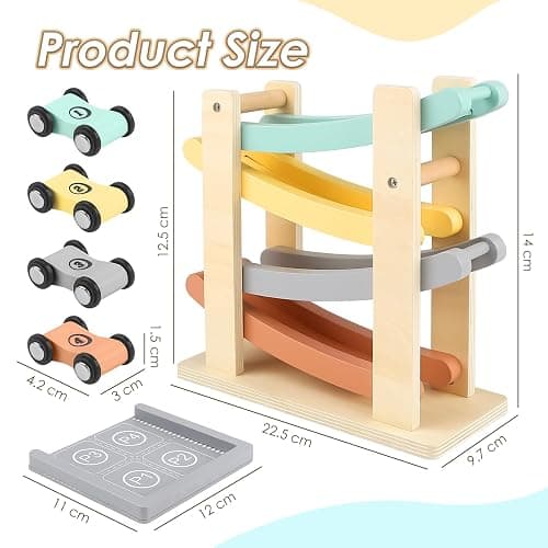 Wooden Car Ramp Toy for 1-2 Year Old Boys & Girls - Click Clack Track with 4 Mini Cars & Toy Garage thumbnail 2