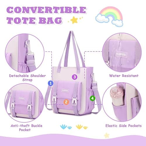 MUSEVOS Kawaii Girls Backpack for School with Convertible Shoulder Tote Bag，Cute Teenage Multiple Pockets Backpack for Primary Elementary High School, Purple 3 Pcs Set thumbnail 5