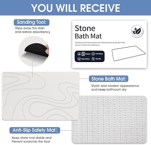 Veeloim Stone Bath Mat Diatomaceous Earth Shower Mat Non-Slip Super Absorbent Diatomite Stone Mats for Bathroom Floor/Kitchen Counter Quick Drying Natural Easy to Clean(23.6''×15.4" White) thumbnail 6