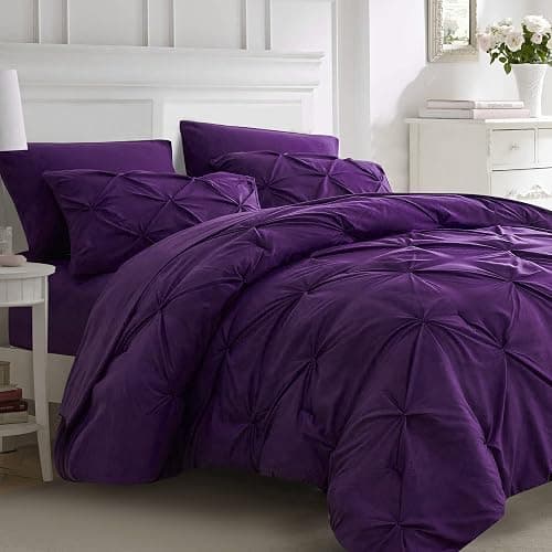 Ubauba 7pc Purple Comforter Set Queen Size with Sheets, Pintuck 7 Piece Bedding Comforters Bed in a Bag for All Season, Pinched Pleat Bed Set with Comforter (Purple,Queen) - Image 1