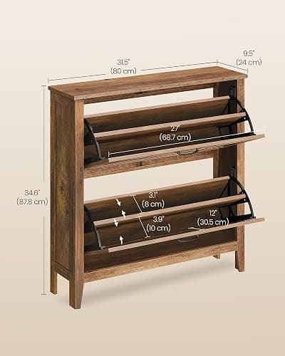 VASAGLE Farmhouse Shoe Cabinet, Narrow Storage Organizer, 2 Flip Drawers | Shoe Storage Organizer, Fits 16 Pairs, 34.3 x 9.5 x 34.6 in, Honey Brown, LIRY Collection UHSC201K01 thumbnail 2
