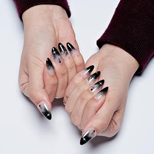 GLAMERMAID Press on Nails Medium Almond, Gothic Black Ombre French Tip Gel Glue on Nail, Glossy Short Stiletto Reusable UV Finish Fake Nails Acrylic False Nails Manicure Kits for Women thumbnail 5