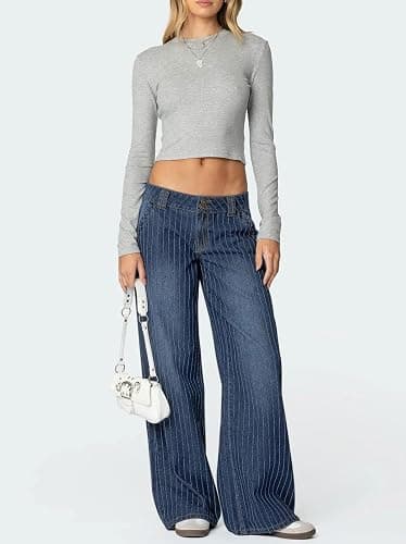 loveimgs Women Mid Rise Wide Leg Jeans Y2k Baggy Striped Jeans Boyfriend Flared Denim Pants Pocket Patchwork Trousers 2026 thumbnail 6