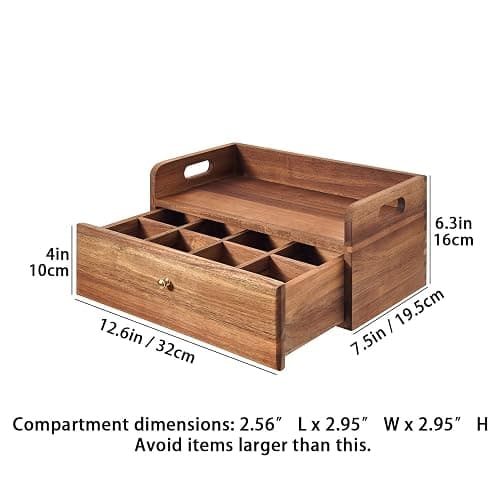 SARUFO Acacia Wood Tea Bag Organizer with Drawer - Tea Station Chest and Storage Box, Coffee and Teabag Holder with 8 Compartments, Containers and Boxes for Countertop Display thumbnail 2