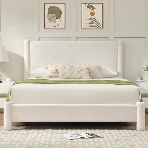 VELOCAVA Queen Size Upholstered Platform Bed Frame with Soft Rounded Corners, 44.88" Tall Headboard, Luxury Plush Velvet Upholstery, 11 Slats & 5 Center Legs, No Box Spring Needed, Cream White - Image 1