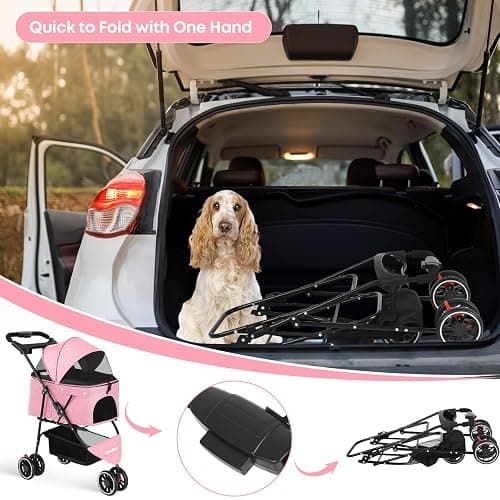 Pet Stroller,Dog Stroller for Small Medium Dogs Cats,3 Wheels,Pink | Foldable,with Breathable Mesh Canopy,Cup Holders,Easy Assembly thumbnail 4