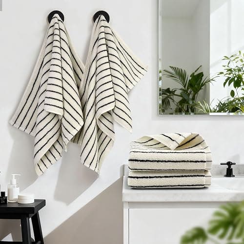 Hand Towels 4 Pack, Cotton Face Towels for Bathroom & Spa Days, Decorative Black Stripes for Kitchen Decor, 14” x 29” thumbnail 5