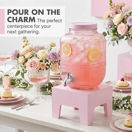 Beverage Dispenser 1 Gallon, Glass Drink Dispenser with Wooden Base Stand, Wide Mouth Jar for Lemonade, Iced Tea, Infused Water, Vintage Kitchen Decor - Pink thumbnail 2