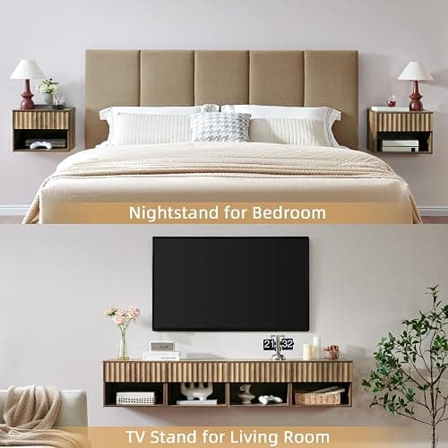 BuildHom Floating Nightstand with Fluted Drawer - Modern Wall Mounted Bedside Table with Open Storage Shelf, Small Night Stand TV Stand for Bedroom(Rustic Brown, Set of 2) thumbnail 5