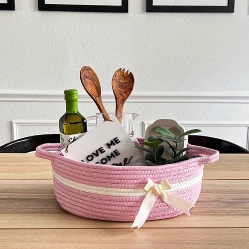 CHICVITA Pink Baby Girl Gift Basket, Small Woven Rope Basket, Rectangle Shelf Baskets for Bathroom, Cute Nursery Storage Baskets for Toys, Diapers, Towels, Snacks, 13 x 9.8 x 5 inches thumbnail 5