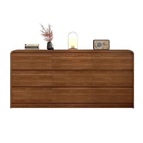 9 Drawer Dresser For Bedroom 63 Inch Wood Chest of Drawers - Curved Anti Collision, Mid Century Dresser For Closet with Natural Texture & Pre-Embedded Slots for TV Stand, Living Room, Nursery - Image 1