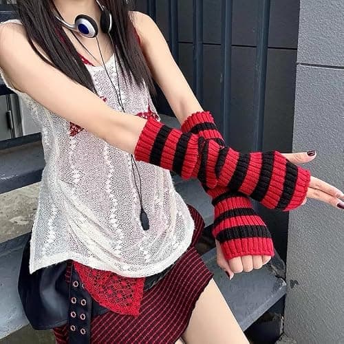 Pangogogo Punk Gothic Rock Striped Arm Warmers Y2k & Emo Accessories (Red) thumbnail 4