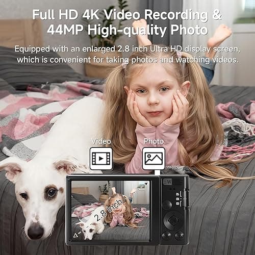 Digital Camera 4K, Upgrade Black Cameras for Teens, Autofocus Digital Point and Shoot Camera for Kids with 16X Zoom, 64GB SD Card, Compact Small Camera for Boys Girls Teens Kids Gift thumbnail 4