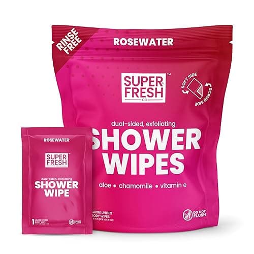 Super Fresh Shower Wipes Large Rosewater Body Wipes for No Rinse Bathing Personal Hygiene Gym Travel or Camping Enriched with Aloe and Vitamin E 10 Individually Wrapped Disposable Sheets - Rose - 10 Count (Pack of 1)
