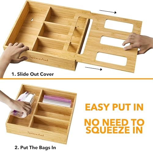SpaceAid Bag Storage Organizer for Kitchen Drawer, Bamboo Organizer, Compatible with Gallon, Quart, Sandwich and Snack Variety Size Bag (1 Box 4 Slots) thumbnail 2