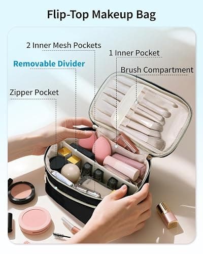 Wandering Nature Makeup Bag, Travel Make Up Bag with Divider, Makeup Case Organizer for Women in Fabric, Black thumbnail 3