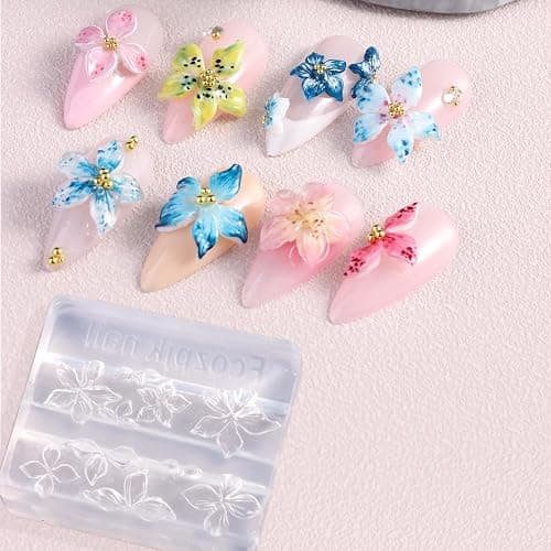 Fcozpjk Silicone Nail Art Molds, 2PCS 3D Flowers Nail Charm Molds with Carving Pen Clear Modeling Templates Hibiscus Flowers Cherry Blossom Design Mold for Resin Epoxy Professional Supplies thumbnail 6