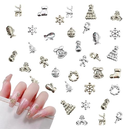 3D Christmas Nail Charms, 60 Pcs Snowflake Christmas Tree Wreaths Bell Elk Santa Christmas Nail Art Charms Gems Gold Silver Metal Nail Studs Nail Jewels for Xmax Holiday DIY Craft Design - Image 1