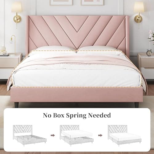 Yaheetech Queen Bed Frame Upholstered Platform Bed with Wing Side/Wooden Slat Support/Tufted Headboard with Wing Side/Mattress Foundation/No Box Spring Needed,Pink Queen Bed thumbnail 7