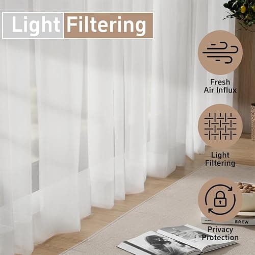 Pacok White Voile Curtains, 84 Drop 2 Panels Net Curtain for Windows, Rod Pocket Sheer Curtain Panel Voile Curtains for Living Room Kitcken Bedroom W56xL84 Inch(White, 142 x 213cm) thumbnail 4