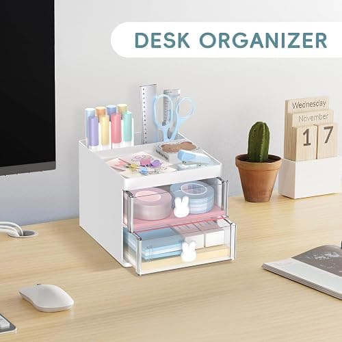 DRQ Desk Organizer with 2 Drawers, Multi-Functional Pencil Pen Holder for Desk Storage with 3 Compartments, Mini Cute Desk Accessories and Organizers for School Home Office Supplies (White) - White thumbnail 3