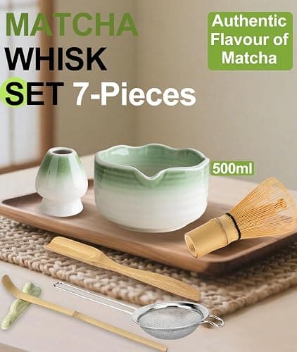 JBER Matcha Set, Matcha Whisk Set 7 Pcs - Bamboo Matcha Whisk, Ceramic Bowl with Spout & Whisk Holder, Sifter, Bamboo Scoop & Holder - Complete Matcha Kit Gift for Matcha Lovers, Gradient Light Green thumbnail 2