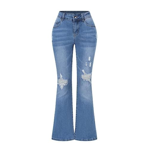 THUNDER STAR Womens Stretchy Mid Rise Flare Jeans Distressed Denim Bell Bottom Pants - Image 1