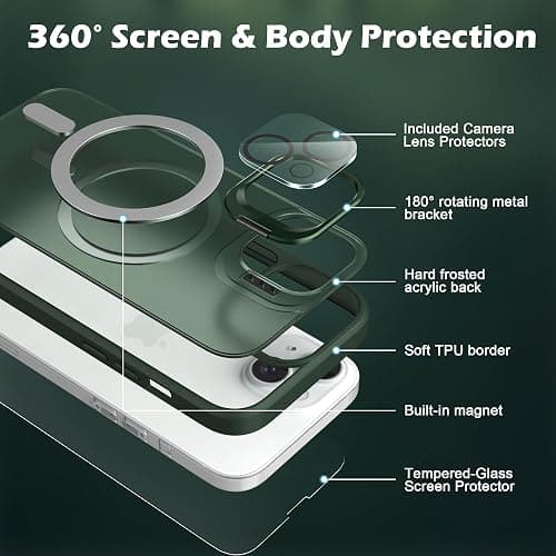 IDweel for iPhone 15 Case with Screen Protector & Camera Lens Protector,Compatible with MagSafe,Built-in Camera Stash Stand,Magnetic Hard Back Soft Edge Anti-Fingerprint Flexible Cover,Green thumbnail 8