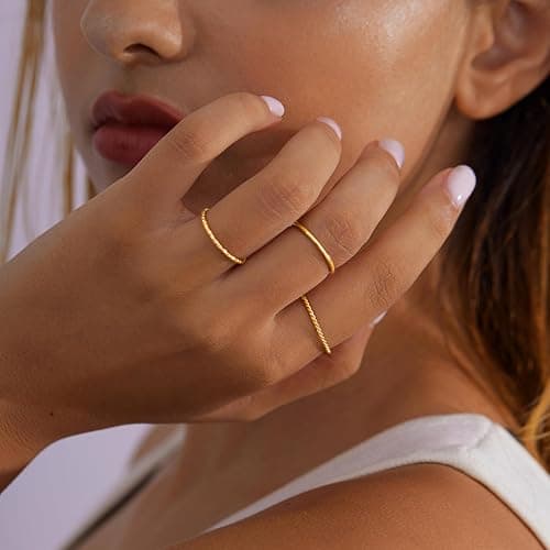 Gokeey Gold Rings for Women Non Tarnish, Dainty 14K Gold Plated Stackable Thin Thumb Ring Set Trendy Pinky Wedding Bands Engagement Rings for Women Size 3 4 5 6 7 8 9 10 11 thumbnail 5