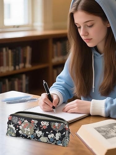 Bigmeta Floral Embroidery Pencil Case for College Girls - Cute Pencil Pouch with Smooth Zipper, Aesthetic Pen Bag for Students Back-to-School Birthday Gifts, Black thumbnail 2