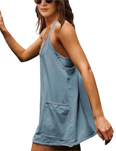 Lentta Womens Athletic Sleeveless Mini Dress with Built-in Shorts V Neck Spaghetti Strap Sundress thumbnail 4