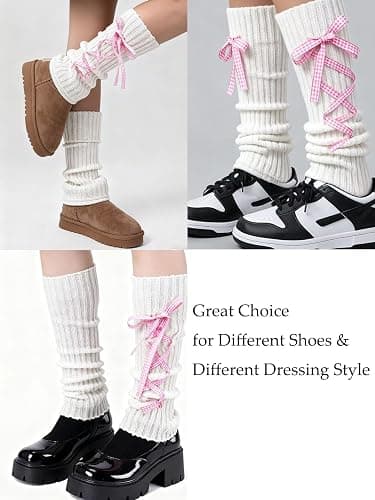 Sksshion Y2K 80s Leg Warmers for Women Bow Tie Rib Knit Leg Warmer Winter Boot Socks thumbnail 4