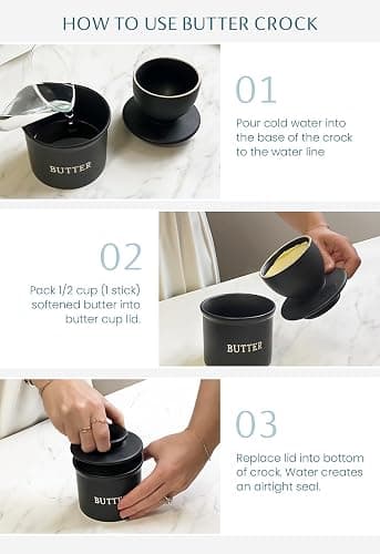 Kook Butter Crock with Lid, Soft Spreadable Butter, Ceramic French Butter Keeper to Leave On Counter with Water Line, Butter Dish, Home and Kitchen Decor, Perfect for Christmas Gift (Black) thumbnail 6
