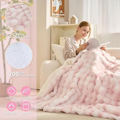 AEPINBH Electric Blanket, Soft Faux Rabbit Fur Bubble Heated Blanket with Dual Control 6 Heating Levels & 4 Hours Auto-Off, Machine Washable, Fast Heating (Pink White, 50"X60") thumbnail 4