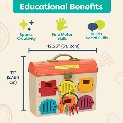 B. Toys Critter Clinic Vet Set, Portable Lock and Key Pet Care Toy | Portable animal hospital with 6 rooms, 6 matching keys, 5 tools, 2 plush pets, and built-in storage for pretend, 2+ Years thumbnail 3