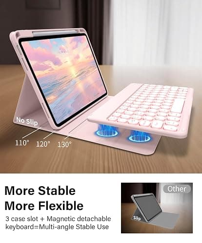 JKSML for iPad (A16) 11th/10th Gen case with Keyboard, Round Key, 7 Color Backlit, Detachable Wireless Keyboard, Stand Folio Cover with Side Pen Holder for iPad 10.9" (2022)/ 11" (2025) - Pink-N thumbnail 8