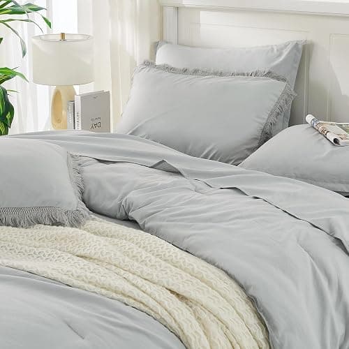 Andency Light Grey Queen Size Comforter Set with Sheets - 7 Pieces Boho Tassel Bed in a Bag Soft Lightweight Bedding Sets, Light Grey Fringe Bed Set with Comforter, Sheets, Pillowcases & Shams thumbnail 5