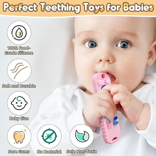 AiTuiTui 2 Pack Baby Teether for Teething Relief Baby Toys 0 3 6 12 Months, Sensory Silicone Remote Control Baby Teether Toy for Babies Newborn Infant Boy Girl Autism Toys for Baby Gifts, Black & Pink thumbnail 2