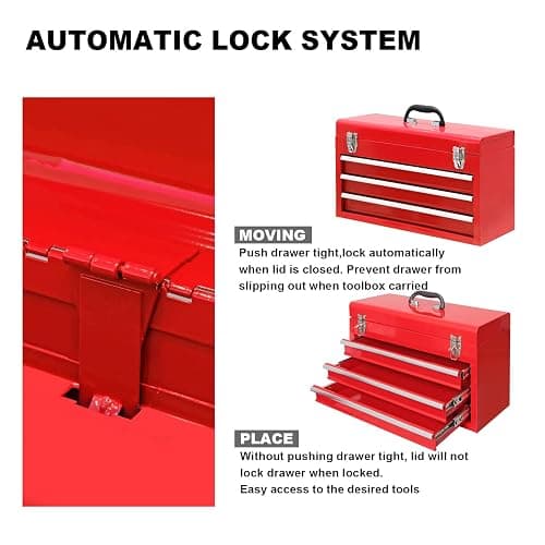 BIG RED ANTBD133-XB Torin 20" Portable 3 Drawer Steel Tool Box with Metal Latch Closure, Red - Red thumbnail 6