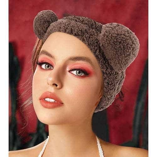 VELSCRUN Spa Headband, Makeup Face Wash Skincare Headbands, 5 Pcs Sponge Get Ready Bear Ears Hairband Facial Wristband Hair Clip Set, Stuff for Teen Girls Women Trendy Hair Accessories Dark Brown thumbnail 9