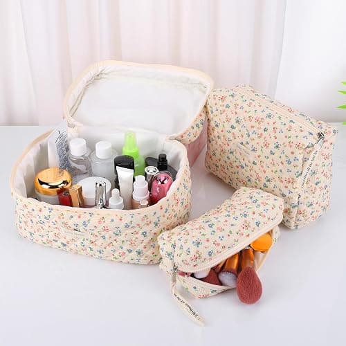 CHAMAIR Quilted Floral Makeup Bag - Coquette Skincare Bag Aesthetic Cosmetic Bag Cotton Toiletry Bag Large Capacity Travel Make Up Bag for Women Ladies Girls (Style B92) thumbnail 5