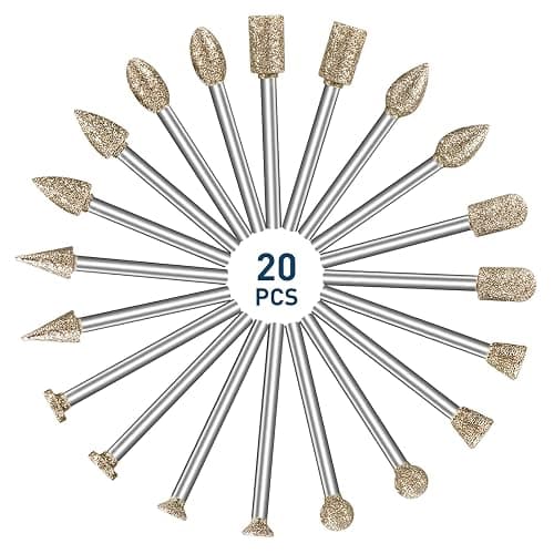 Diamond Grinding Burr Bit Set，20Pcs Rotary Tool Accessories Stone Carving Set with 1/8 inch Shank for Stone Ceramic Glass Carving, Grinding, Polishing, Engraving, Sanding thumbnail 7