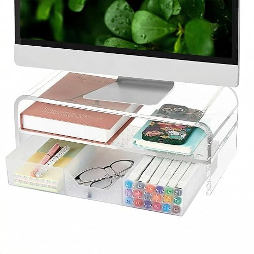 OPNICE Acrylic Clear Desk Organizers and Accessories, 2-Tier Computer Monitor Stand Riser with Drawer, Laptop Stand, Office Desk Accessories for Office Supplies, Transparent - Image 1