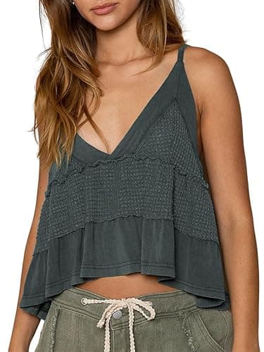 VNIRA Womens Sleeveless Peplum Spaghetti Strap Babydoll V Neck Ruffle Loose Fit Waffle Knit Crop Boho Tank Tops - Image 1